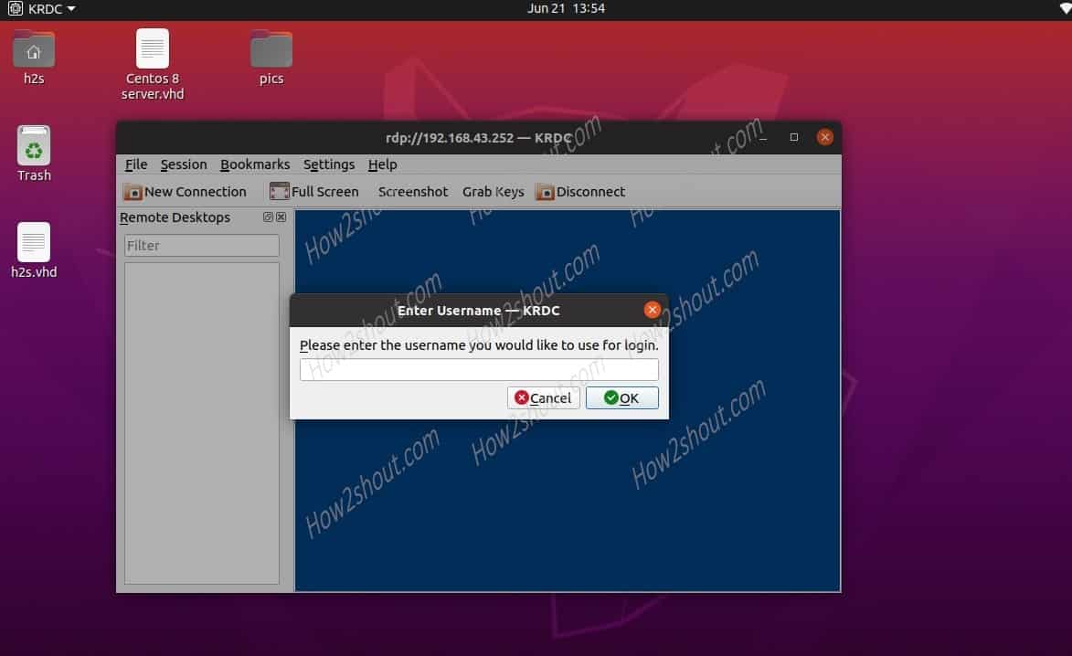 Enter the Windows 10 username for RDP from ubuntu