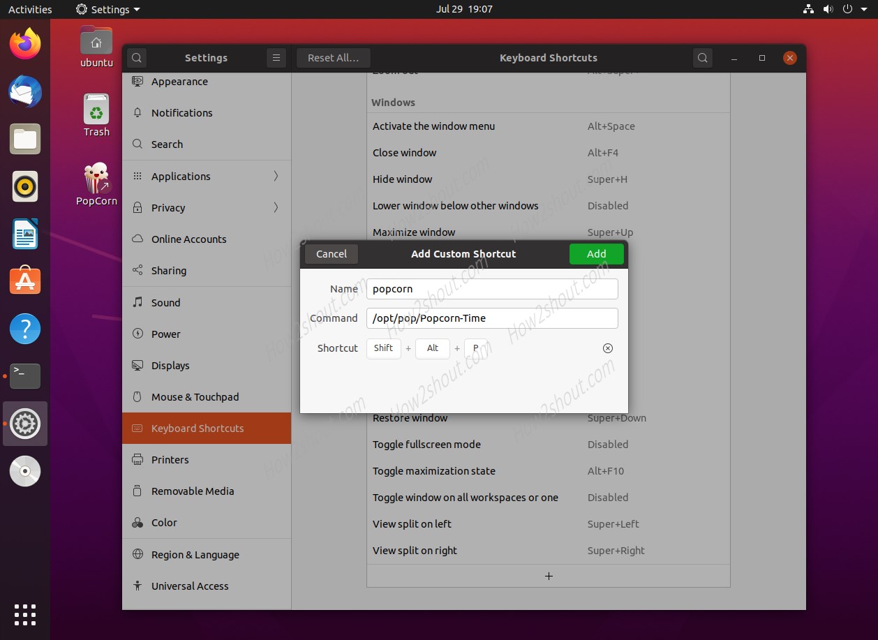 create keyboard shortcut popcorn time movie app on Ubuntu 20