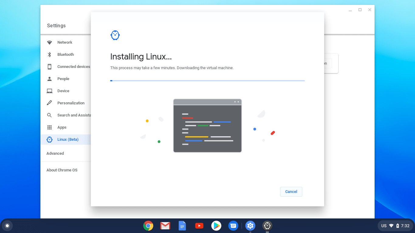 Wait to install Linux Virtual machine on ChromeOS min