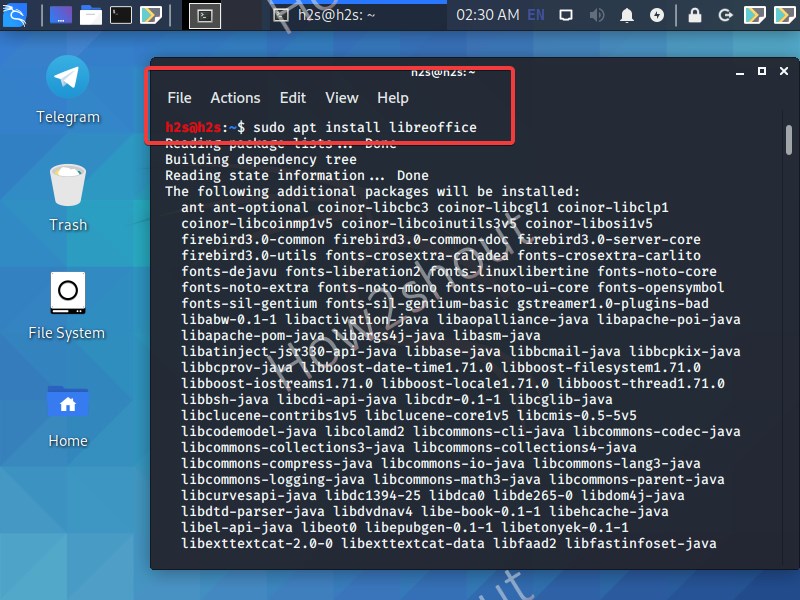 Command to Install Libreoffice on Kali Linux using terminal