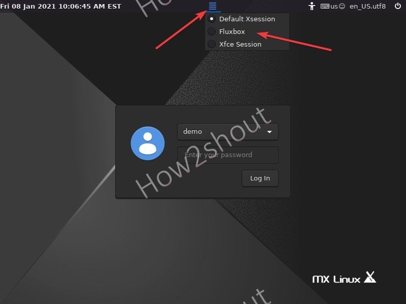 Login as FluxBox desktop environment min