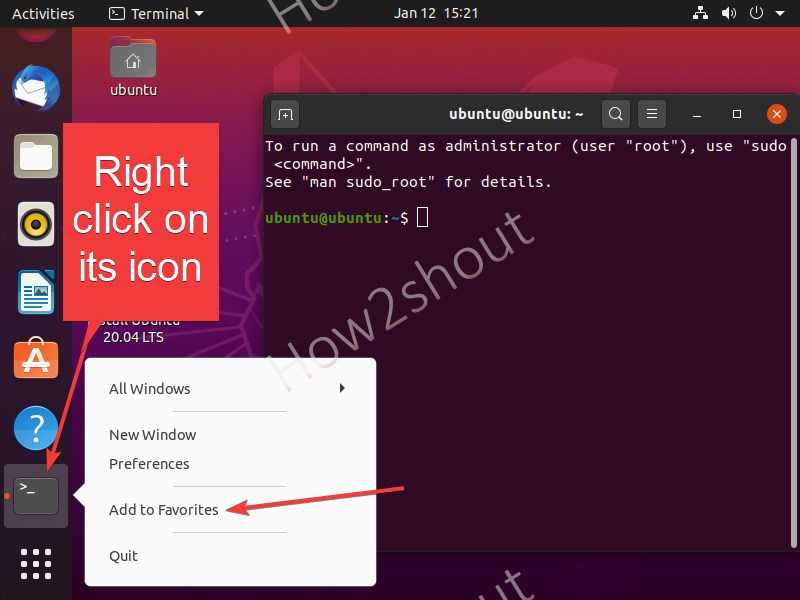 Pin terminal icon to Ubuntu panel launcher