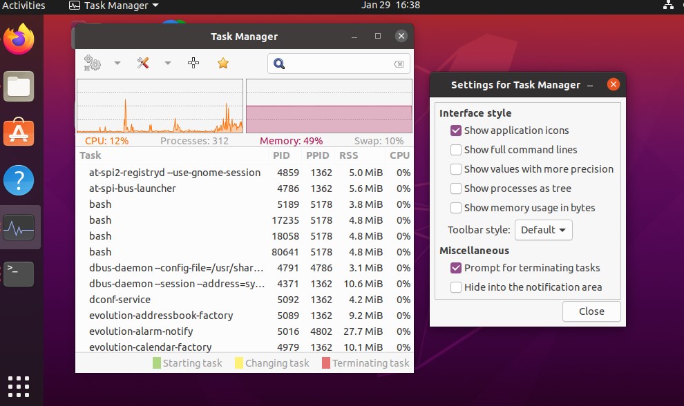 XFCE Task Manager interface