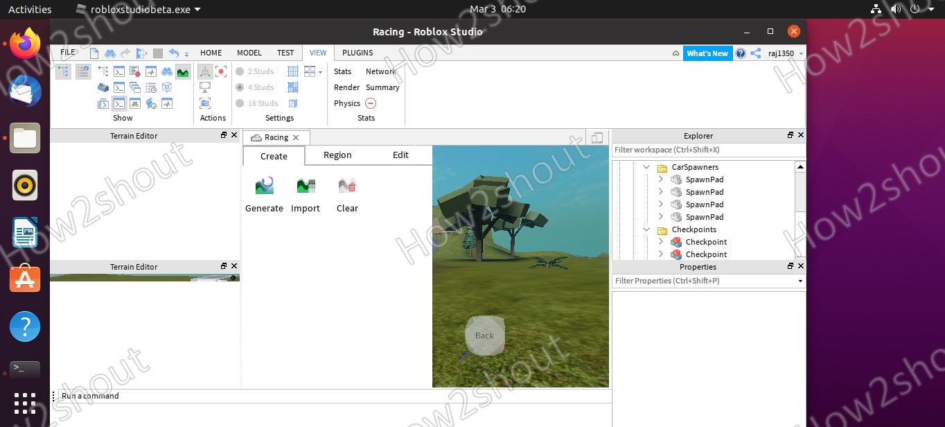 Roblox Editor screen on Ubuntu 20.04