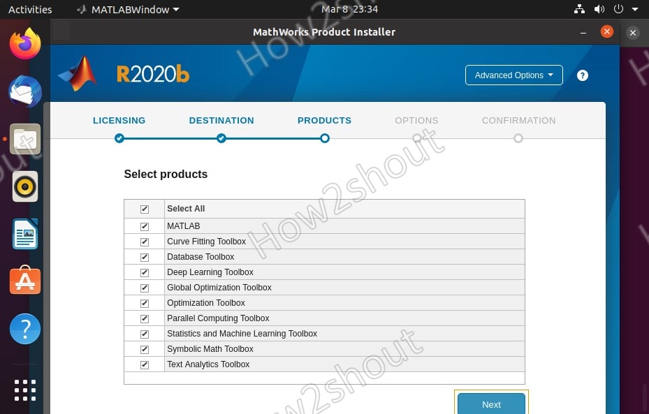 Select MATLAB R2020b all products and tools to install min