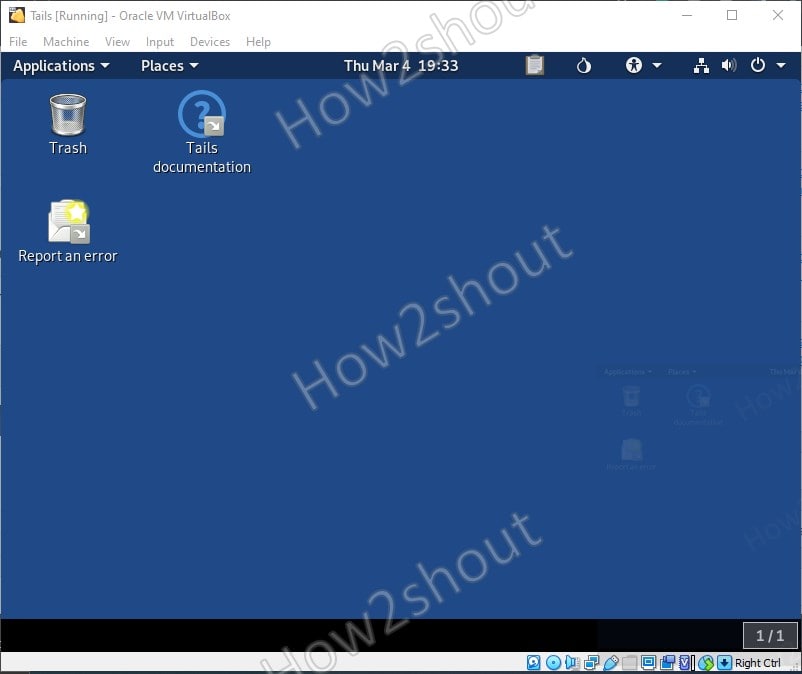 Tails Linux OS virtual machine on VirtualBox- Screenshot