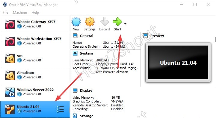 start Ubuntu 21.04 linux virtual machine