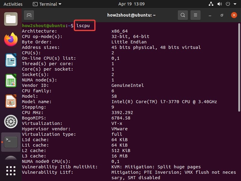 lscpu command on Ubuntu Linux to find CPU info