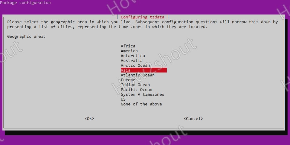Select Grographic area to select Time zone in Ubuntu 20.04 Server