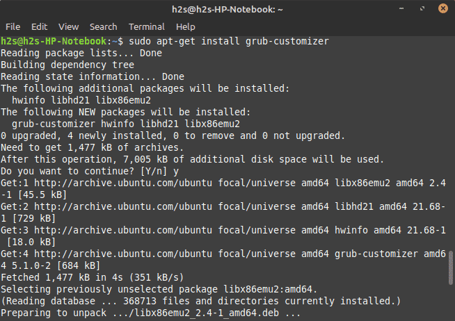 Command to install Grub customizer on Linux Mint or Ubuntu 20.04 min