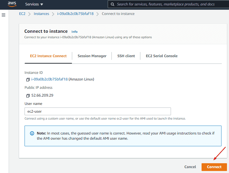Connect AWS ec2 Instance using web console