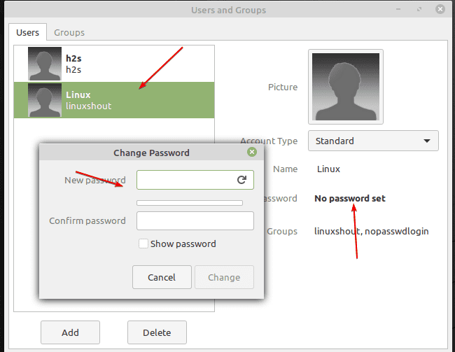 Set password to new user Linux mInt