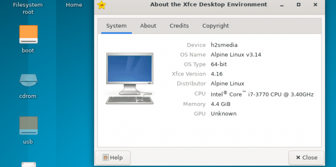 XFCE graphical user interface on Alpine Linux
