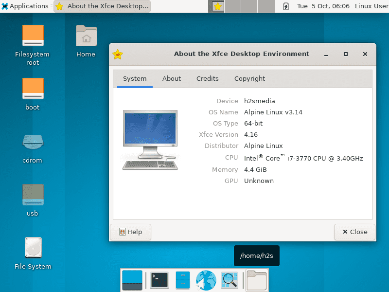 XFCE graphical user interface on Alpine Linux