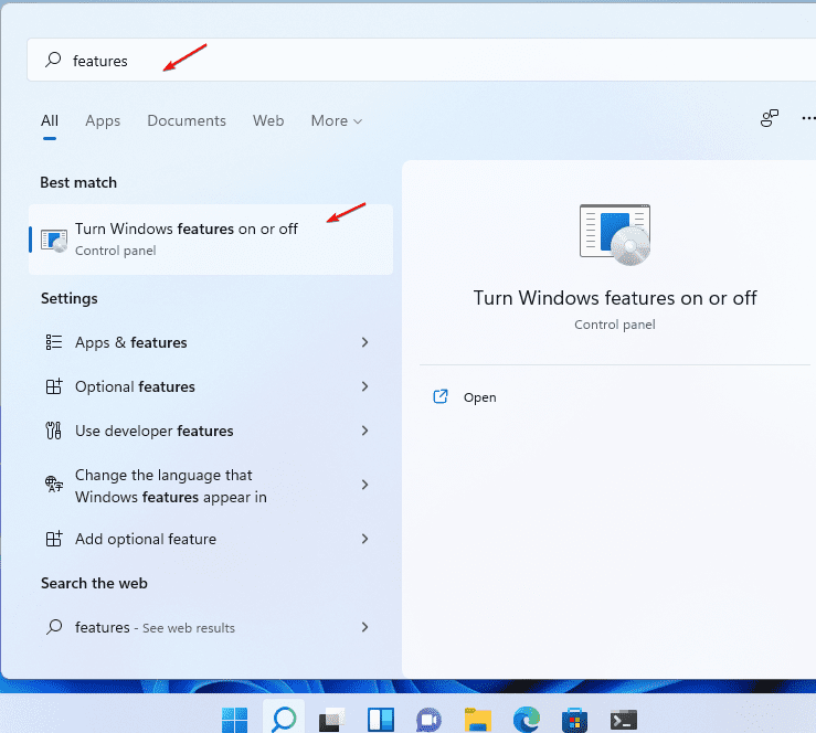 Turn Windows features on or off Windows 11
