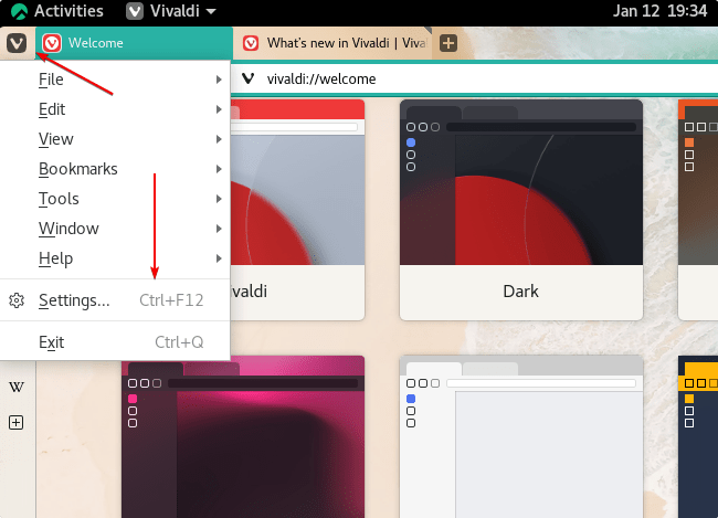 Open browser settings Vivaldi Rocky Linux or Almalinux