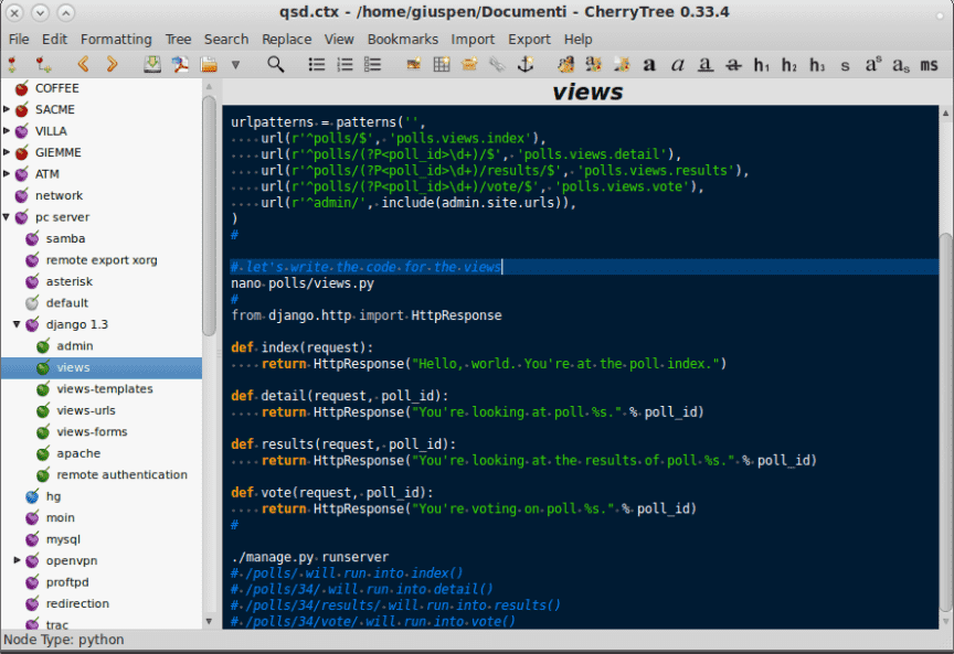 Cherrytree note taking and syntax highlighting editor