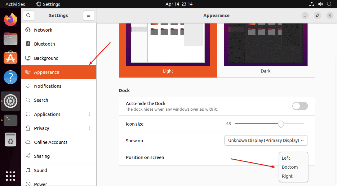 Change Ubuntu 22.04 Dock panel position