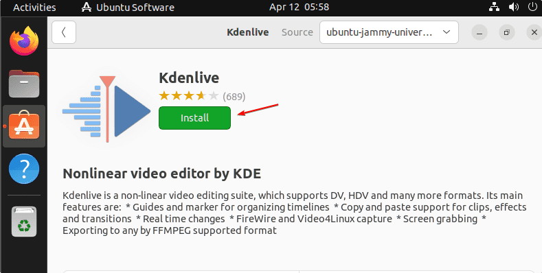Install Kdenlive using Ubuntu Software App