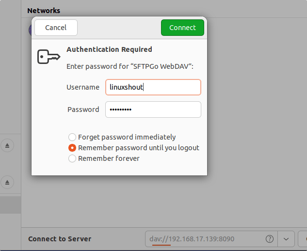 Enter SFTPGo Username and password
