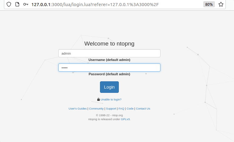 Login Ntopng using default username and password