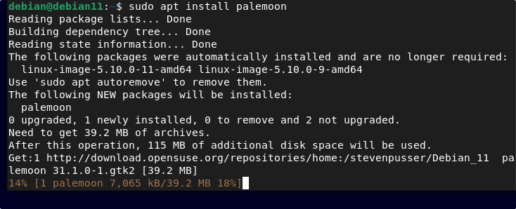 command to install palemoon on Debian 11
