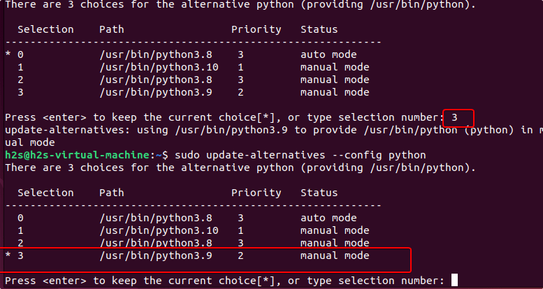 sudo update alternatives config python