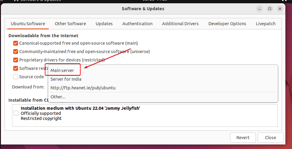 Select Main Server of Ubuntu