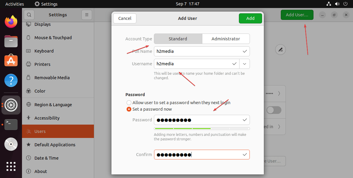 Add a User account using Ubuntu 22.04 GUI