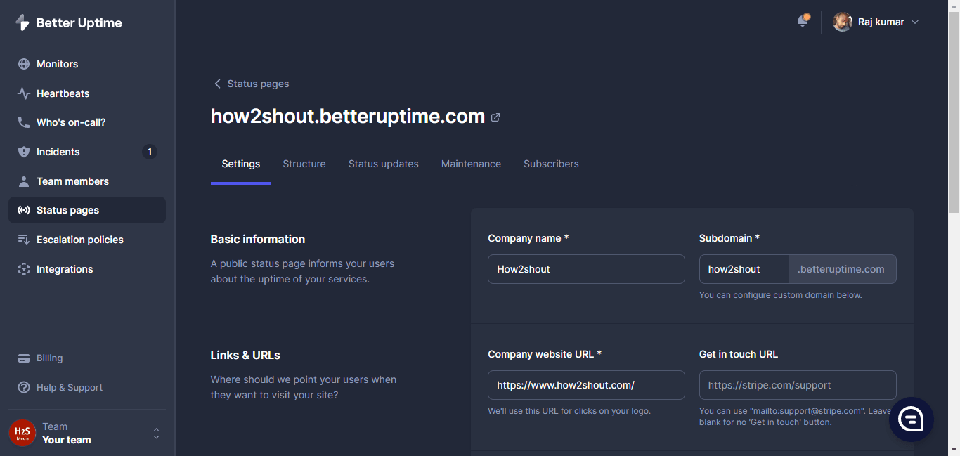 Better Uptime Back end to create Status page