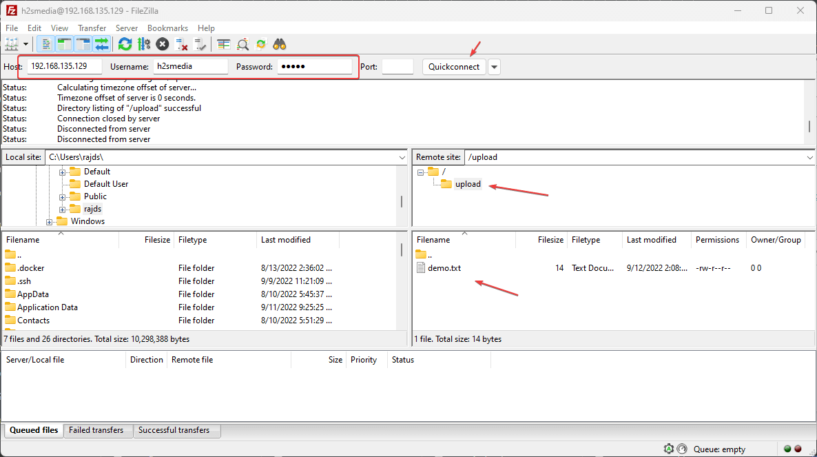 Connect to Test your FTP Server VSFTPD FileZilla