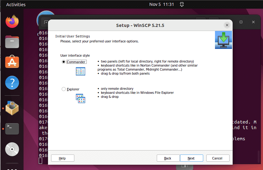 Commander Window WInSCP on Ubuntu Linux