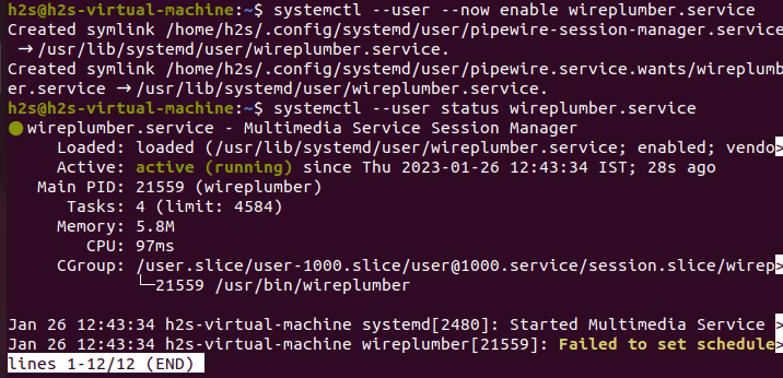 Start and enable wireplumber service ubuntu 22.04