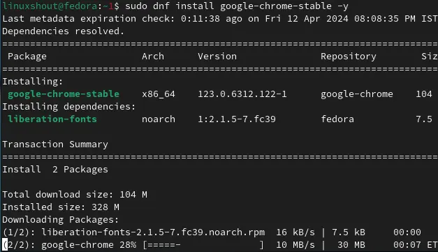 Installation command Fedora Chrome