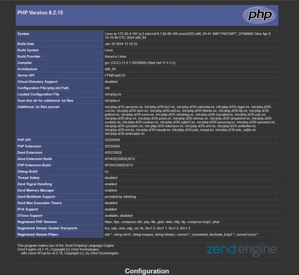 PHP info test page on Amazon linux 2023