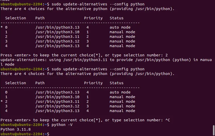 Set python version default using Update Alternatives