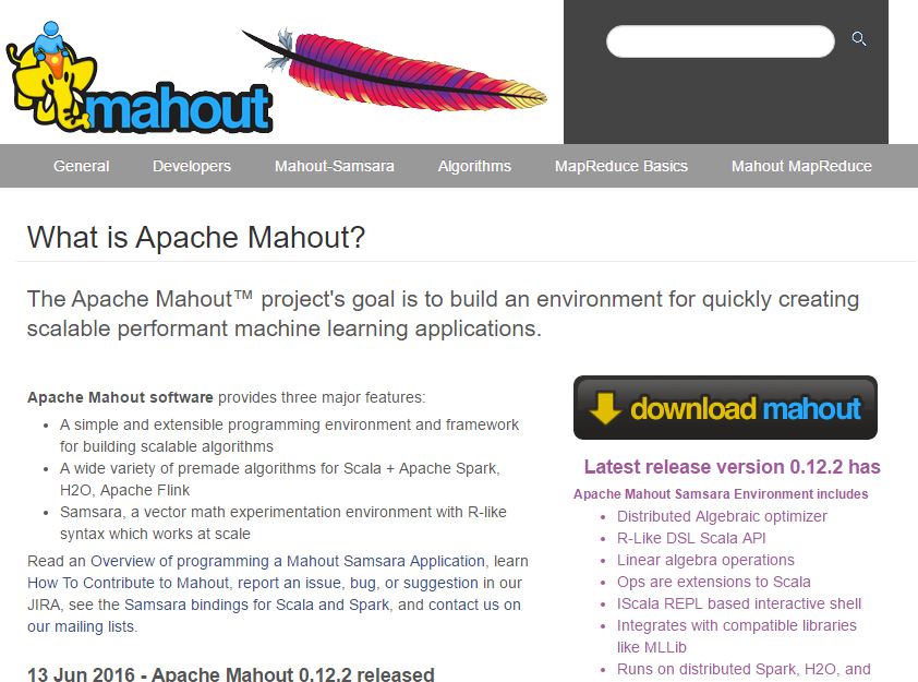 Apache Mahout project scalable performant machine learning applications