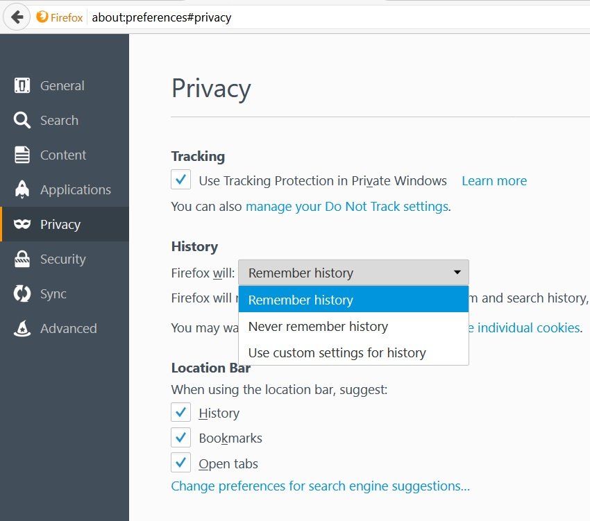 Privacy tab under Options choosing Never remember history next Firefox