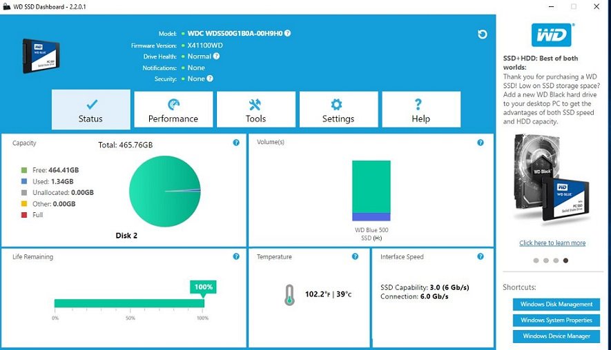 WD’s free SSD Dashboard tool to monitor the health