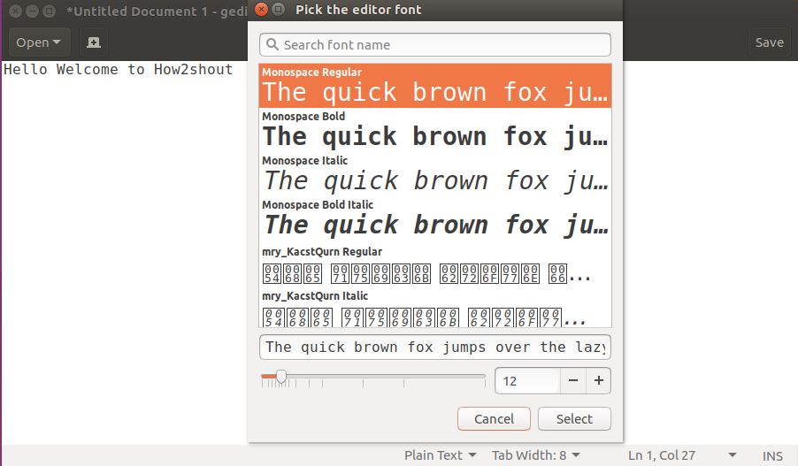 Change the default gedit text editor font size and color