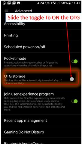enable Oneplus 5,5t,3, qand 3T OTG option to connect perndrive