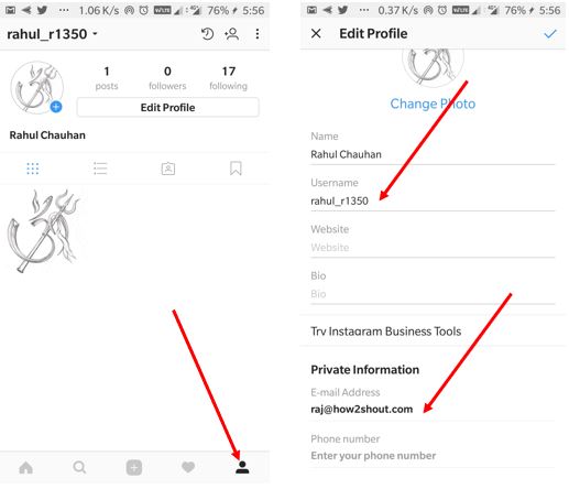 How to edit the instagram profile and username