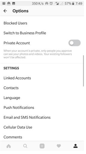 Instagram profile settings option