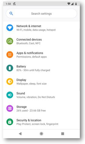 Android P colorful phone Settings page