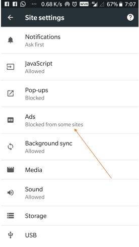 Google Chrome Android browser inbuilt Ads blocker option
