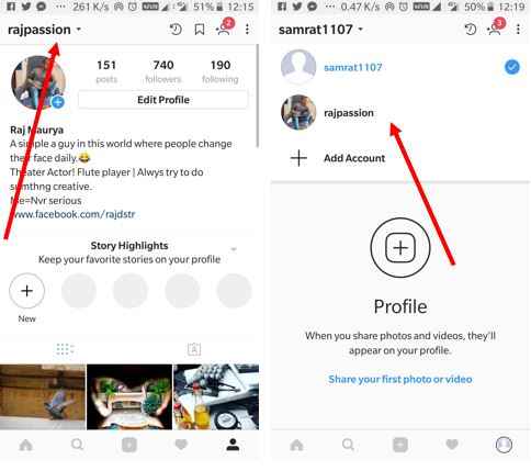 Multiple Instagram account switching