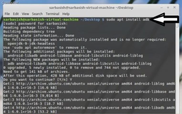install adb android on Linux by using command line terminal