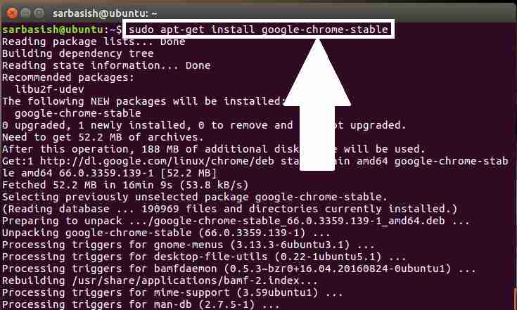installing google chrome from terminal in Ubuntu