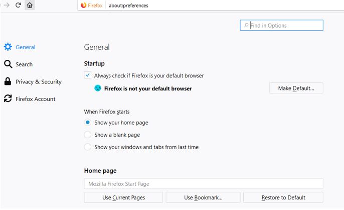 about command to get the Firefox preferences page