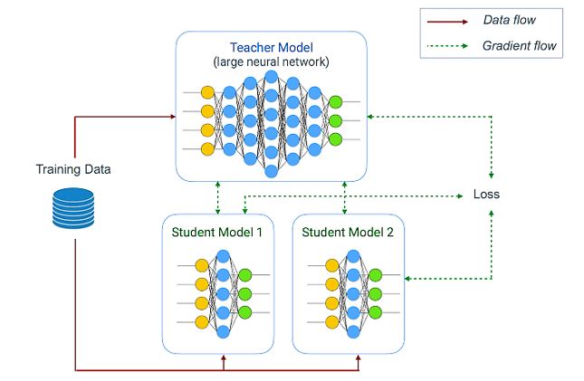 Joint training and distillation approach to learn compact student models